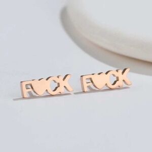 18k Rose Gold Plated Stainless Steel‎ F Word Heart Funny Statement Stud Earrings
